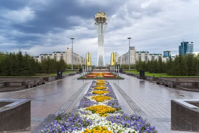 Framed Print : Nurzhol Bulvar, Central Boulevard and Bayterek Tower illuminated at night, Astana