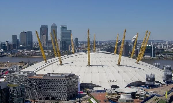 The O2 Arena in Greenwich with Canary Wharf behind, Docklands, London, England, United Kingdom, Europe