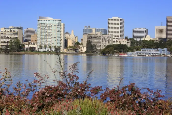 Framed Print : Oakland skyline and Lake Merritt, Oakland, California, United States of America, North America Framed Print : Oakland skyline and Lake Merritt, Oakland, California, United States of America, North America