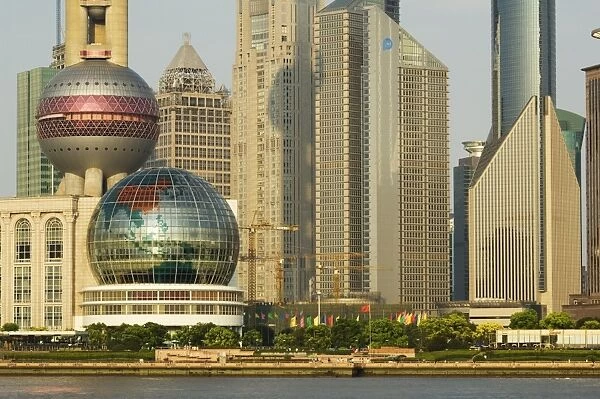Observation platform of the Oriental Pearl Tower and modern buildings in Pudong new area on the banks of Huangpu River, Pudong, Shanghai
