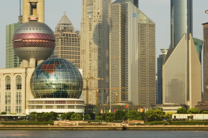 Framed Print : Observation platform of the Oriental Pearl Tower and modern buildings in Pudong new area on the banks of Huangpu River, Pudong, Shanghai
