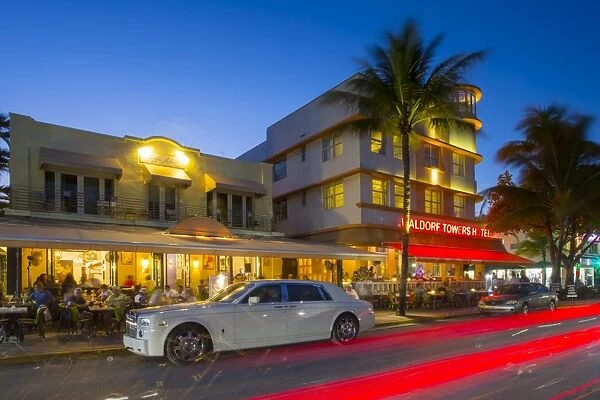 Ocean Drive and Art Deco architecture at dusk, South Beach, Miami Beach, Miami, Florida