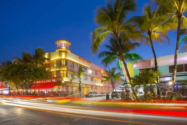 Ocean Drive restaurants and Art Deco architecture at dusk, South Beach, Miami Beach