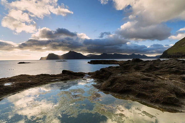 Ocean at sunrise, Gjogv, Eysturoy island, Faroe Islands, Denmark