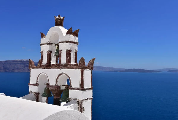 Oia Church overlooking the blue sea, Oia, Santorini, Cyclades, Aegean Islands, Greek