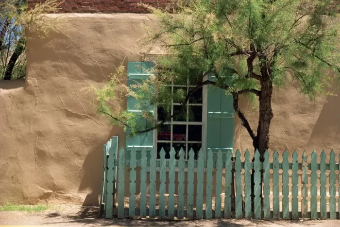 Framed Print : Detail of old adobe house with turquoise shutters Framed Print : Detail of old adobe house with turquoise shutters