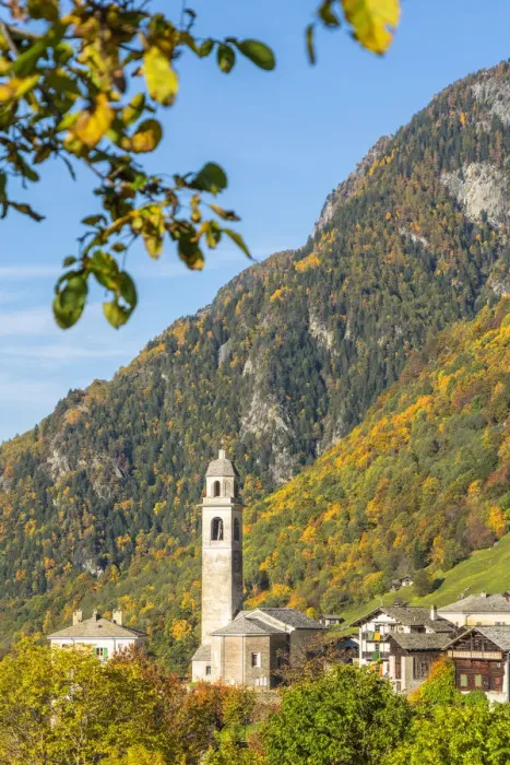 Framed Print : Old bell tower and church in the autumnal landscape, Soglio, Val Bregaglia Framed Print : Old bell tower and church in the autumnal landscape, Soglio, Val Bregaglia