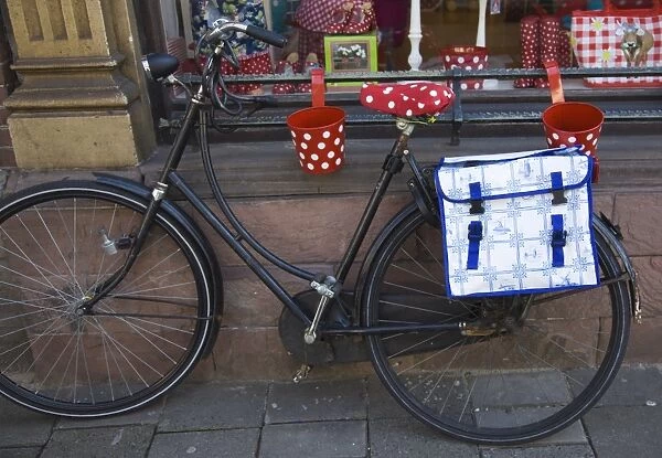 Old bicycle with a Delft design saddlebag. Amsterdam, Netherlands, Europe