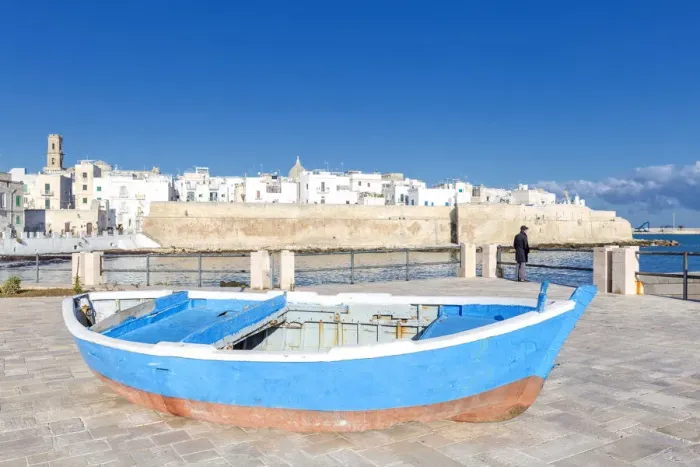 Framed Print : Old boat with the Italian old town in the background, Monopoli, Apulia, Italy, Europe Framed Print : Old boat with the Italian old town in the background, Monopoli, Apulia, Italy, Europe