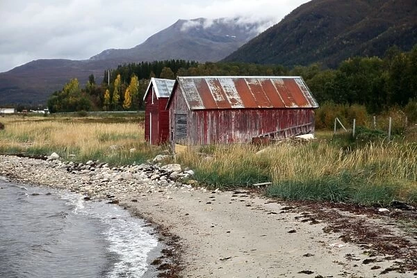 Two old boat sheds, Balsfjord, Troms, North Norway, Norway, Scandinavia, Europe