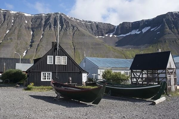 Old boats and houses at Isafjordur, West Fjords, Iceland, Polar Regions