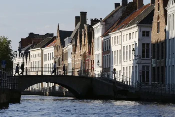 Framed Print : Old buildings on canal, Bruges, West Flanders, Belgium, Europe