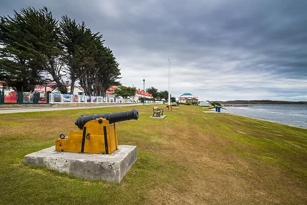 Old cannons on the shore of Stanley, capital of the Falkland Islands, South America