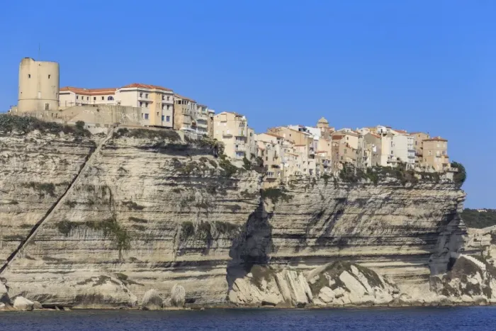 Framed Print : Old citadel, with Aragon steps, atop cliffs, from the sea, Bonifacio, Corsica, France