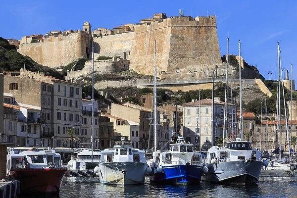 Old citadel view with yachts in the marina, Bonifacio, Corsica, France, Mediterranean