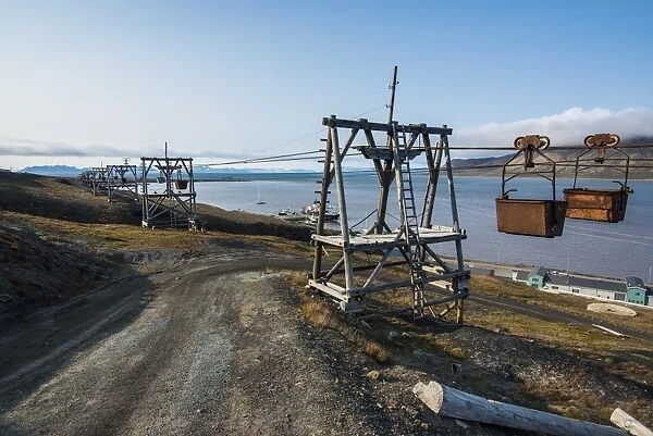 Old coal trolleys in Longyearbyen, Spitsbergen, Svalbard, Arctic, Norway, Scandinavia, Europe