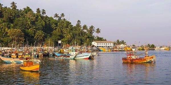 Old commercial fishing boats in Mirissa Harbour, South Coast of Sri Lanka, Asia