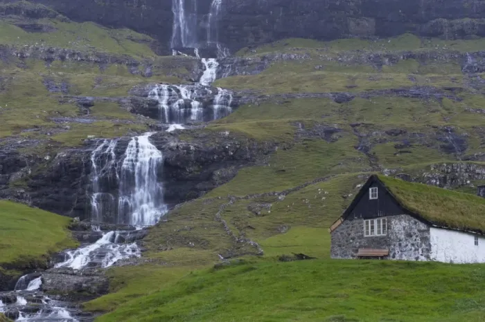 Framed Print : Old farm at Saksun and waterfall, Streymoy, Faroe Islands (Faroes), Denmark, Europe Framed Print : Old farm at Saksun and waterfall, Streymoy, Faroe Islands (Faroes), Denmark, Europe