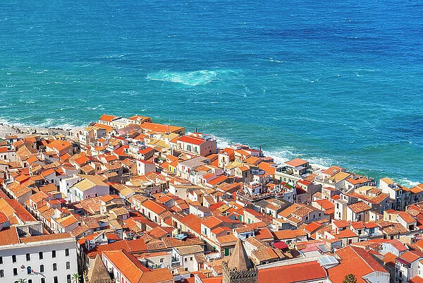 The old fishing village of Cefalu with red roofs and white houses seen from above, Palermo province, Tyrrhenian Sea, Sicily, Italy, Mediterranean, Europe