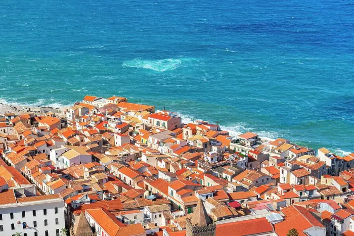 Framed Print : The old fishing village of Cefalu with red roofs and white houses seen from above, Palermo province, Tyrrhenian Sea, Sicily, Italy, Mediterranean, Europe