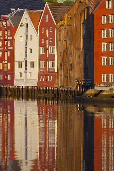 Old fishing warehouses reflected in the River Nidelva, Trondheim, Sor-Trondelag, Norway, Scandinavia, Europe