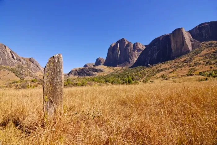 Framed Print : Old gravestone in front of granite rocks in the Andringitra National Park Framed Print : Old gravestone in front of granite rocks in the Andringitra National Park