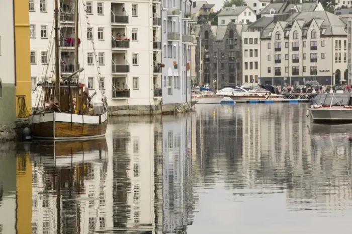 Framed Print : The old harbour, fishing trawler and motor craft, Alesund, Norway, Scandinavia, Europe