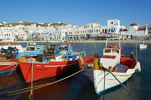 Old harbour and red church, Mykonos Town, Chora, Mykonos Island, Cyclades