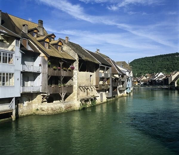 Old houses along the River Loue, Ornans, Loue Valley, Franche Comte, France, Europe