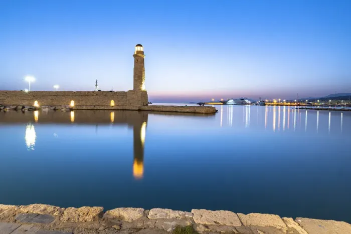 Framed Print : Old lighthouse reflected in the calm sea during the blue hour, Rethymno, Crete island, Greek Islands, Greece, Europe Framed Print : Old lighthouse reflected in the calm sea during the blue hour, Rethymno, Crete island, Greek Islands, Greece, Europe