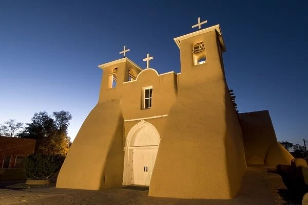 Old Mission of St. Francis de Assisi, built about 1710, illuminated in the late evening