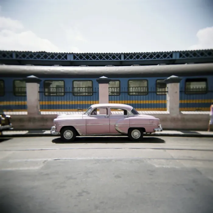 Framed Print : Old pink American car outside railway station, Havana, Cuba, West Indies, Central America Framed Print : Old pink American car outside railway station, Havana, Cuba, West Indies, Central America