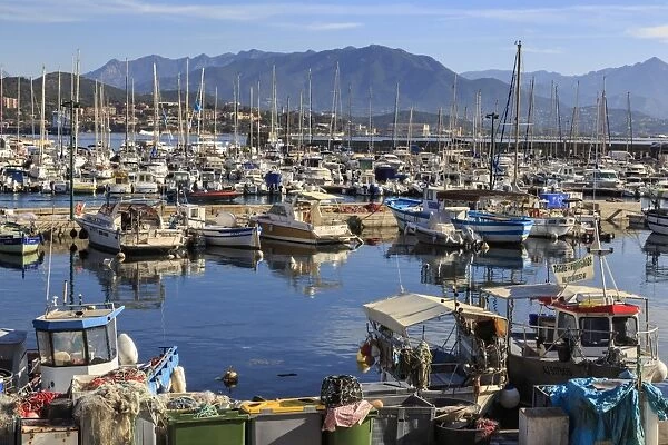 Old Port with fishing boats and yachts, view to distant mountains, Ajaccio, Island of Corsica