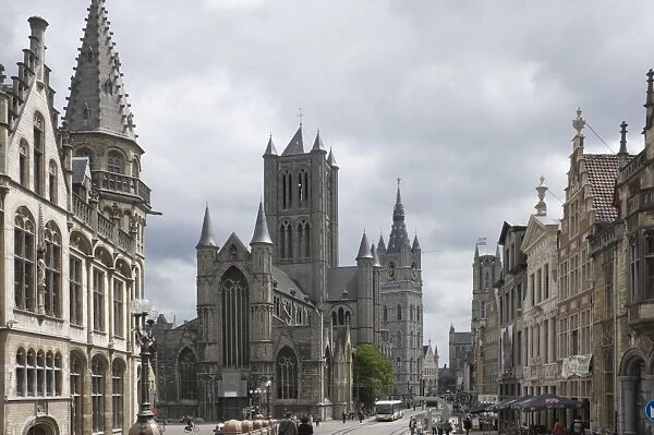 The Old Post Office on the left, St. Nickolas Church and the Belfry beyond, Ghent, Belgium, Europe