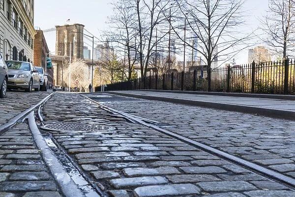 Old rail tracks and cobbled street in Dumbo Historic District, Brooklyn, New York City
