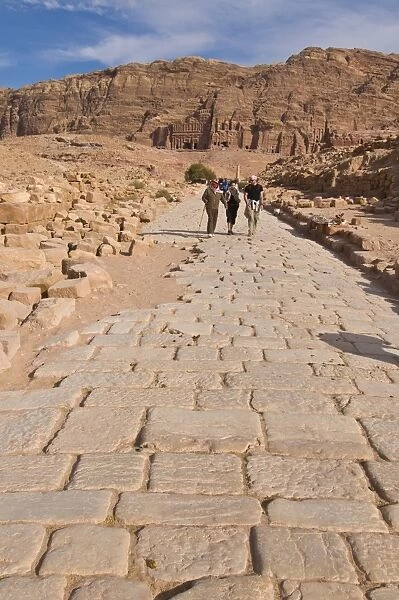 Old Roman cobbled street with view of the royal tombs, Petra, UNESCO World Heritage Site