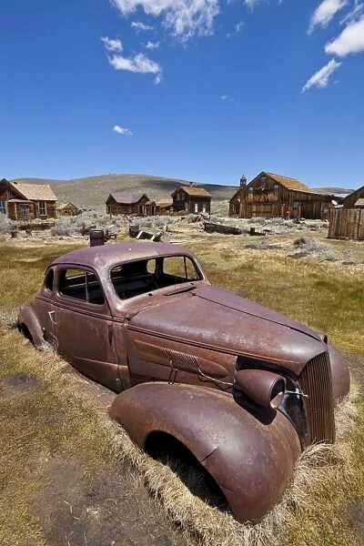 Old rusty American car in the California gold mining ghost town, Bodie State Historic Park