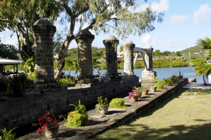 Framed Print : Old sail loft stone columns, Nelsons Dockyard, Antigua, Leeward Islands, West Indies, Caribbean, Central America