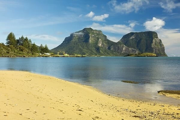 Old Settlement Bay and Mount Lidgbird on left and Mount Gower by the lagoon with the worlds most southerly coral reef, volcanic island in the Tasman Sea, Lord Howe Island, UNESCO World Heritage Site, New South Wales