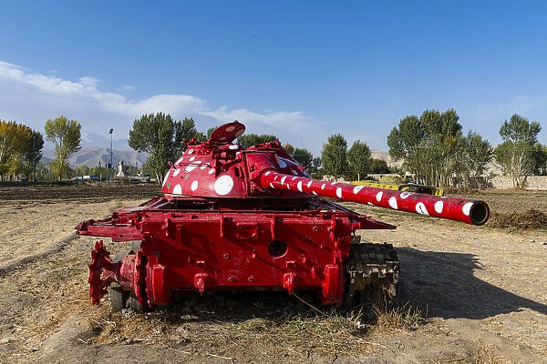 Old soviet tank painted in funky colours, Bamyan, Afghanistan, Asia