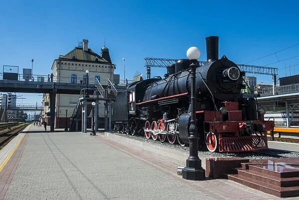 Old steam engine at the final railway station of the Trans-Siberian railway in Vladivostok, Russia, Eurasia