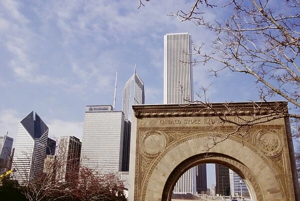 Old Stock Exchange arch and downtown skyscrapers