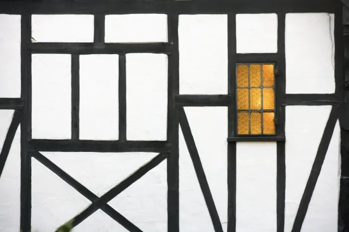 Framed Print : Old timber framed house with light in window, Chilham, Kent, England, United Kingdom