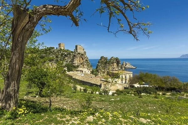 Old towers and buildings at the Tonnara di Scopello, an old tuna fishery and now a popular beauty spot, Scopello, Trapani, Sicily, Mediterranean, Europe