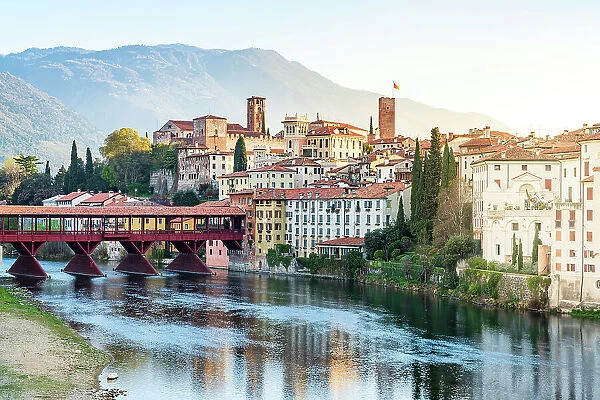 Old town of Bassano Del Grappa overlooking river Brenta at sunrise, Vicenza province, Veneto, Italy, Europe