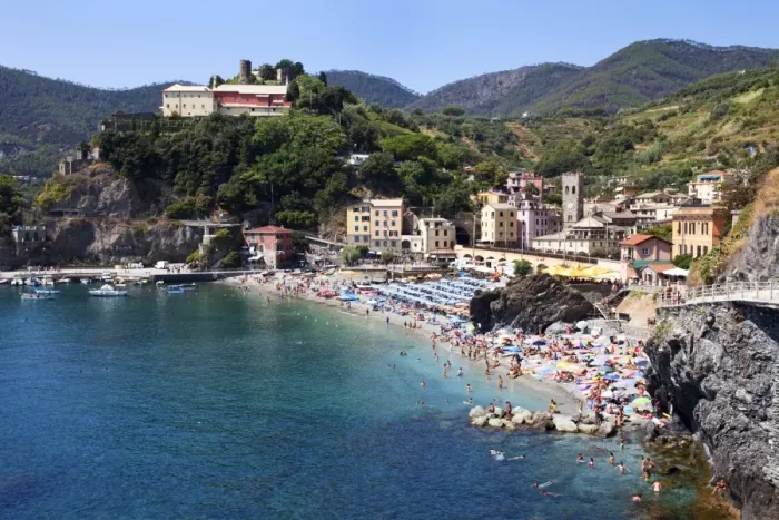 Framed Print : The Old Town Beach at Monterosso al Mare from the Cinque Terre Coastal Path, Cinque Terre, UNESCO World Heritage Site, Liguria, Italy, Mediterranean, Europe