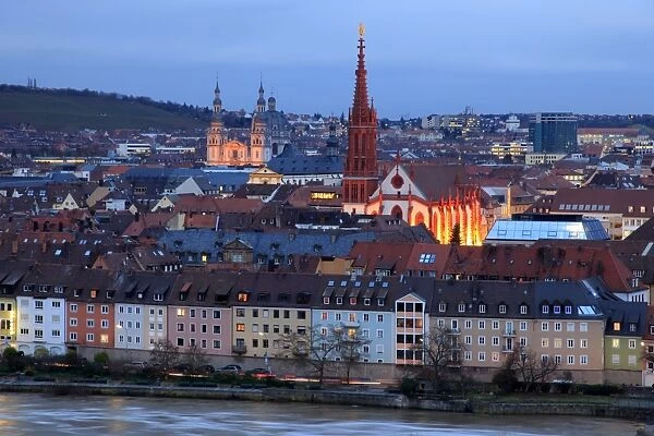 Old Town with cathedral and Old Main Bridge, Wurzburg, Franconia, Bavaria
