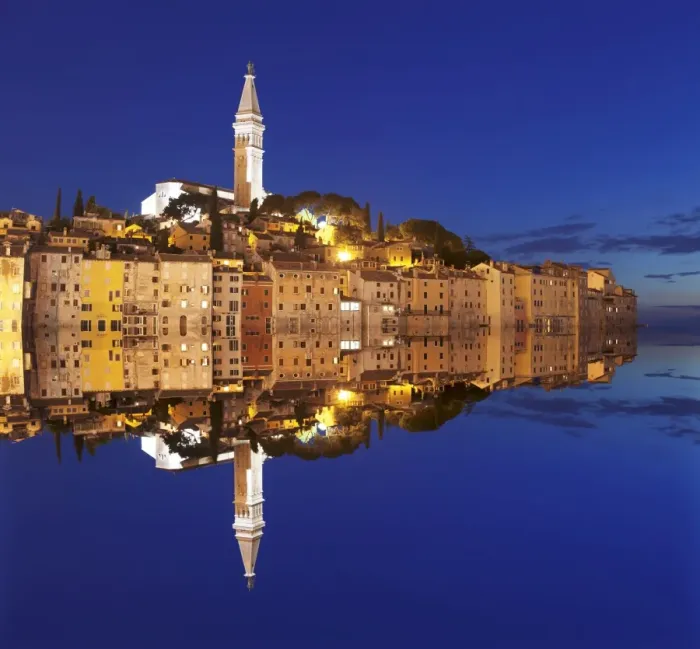 Framed Print : Old town with cathedral of St. Euphemia reflecting in the water at night, Istria, Croatia, Europe Framed Print : Old town with cathedral of St. Euphemia reflecting in the water at night, Istria, Croatia, Europe