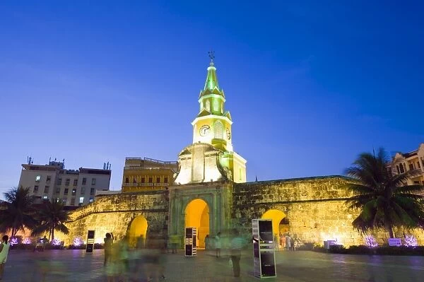 Old Town city wall and Puerto del Reloj at night, UNESCO World Heritage Site