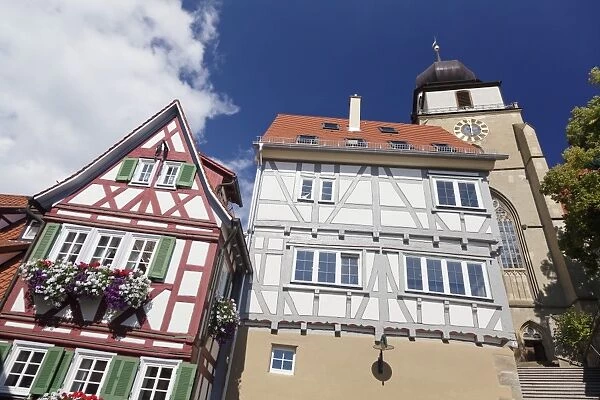 Old town with half-timbered houses and Stiftskirche Church, Herrenberg, Boblingen District, Baden Wurttemberg, Germany, Europe